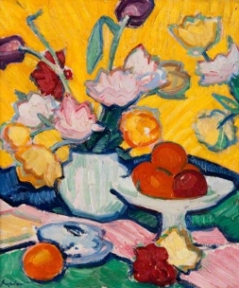 S.J. Peploe, Tulips in a Pottery Vase (c.1912)