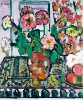 G.L. Hunter, Still Life with Dahlias and Fruit