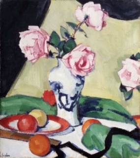 S.J. Peploe, Still Life with Pink Roses and Fruit.