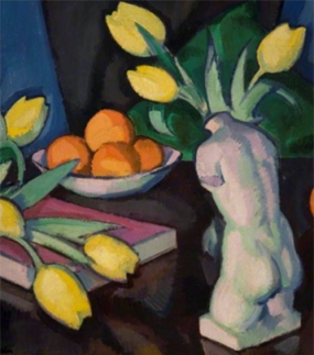 S.J. Peploe, Yellow Tulips and Statuette 